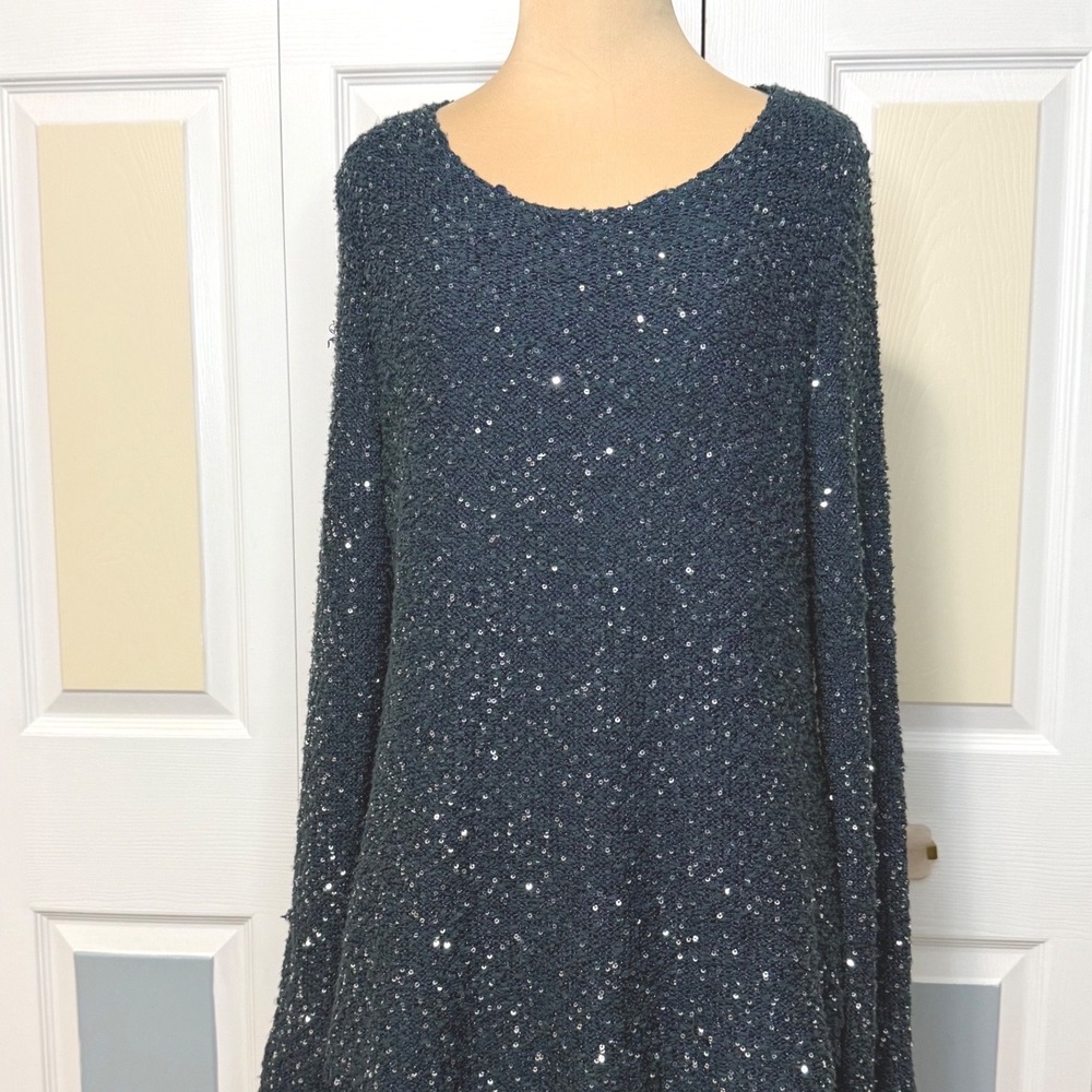 Soft Surroundings Sequin Embellished Long Sleeve Top Dark Teal Blue Size M